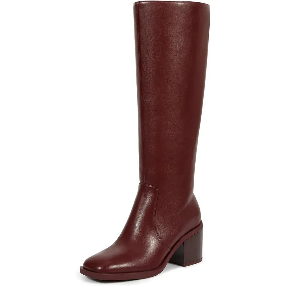 Women Brown Chunky Low Heel Square Toe Elastic Tall Boots Side Zipper PU Lea